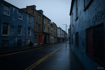 Vista urbana di un quartiere degradato di Londra con palazzi popolari e atmosfera grigia