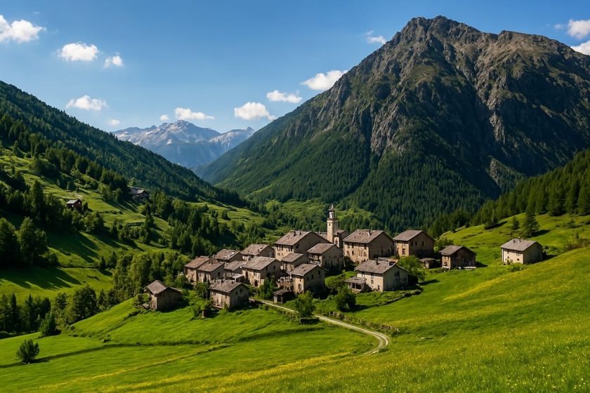 aesaggio alpino con borgata nei dintorni di Usseaux, prati e vette sullo sfondo