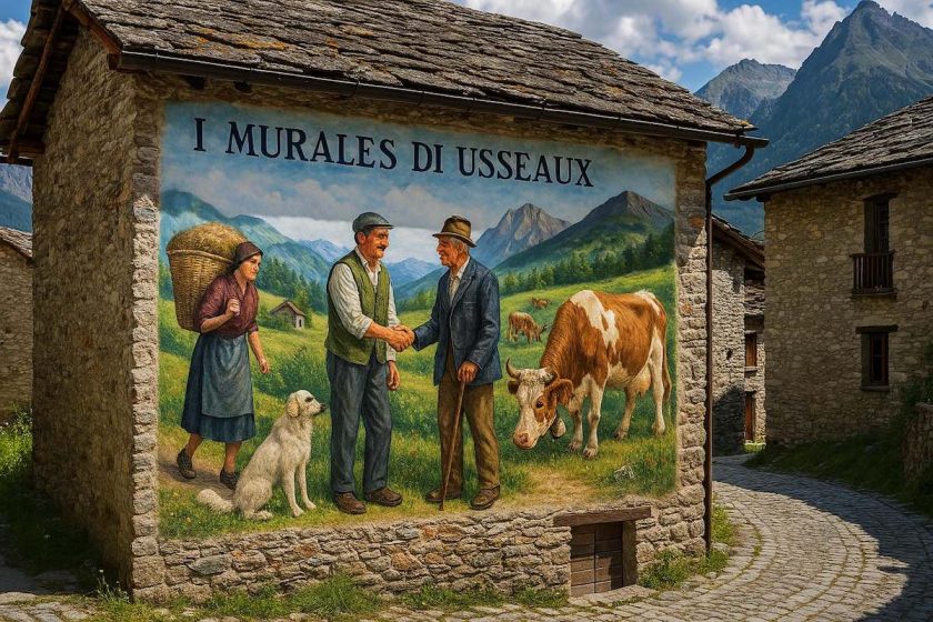Murales colorati sulle facciate delle case di Usseaux, borgo alpino del Piemonte