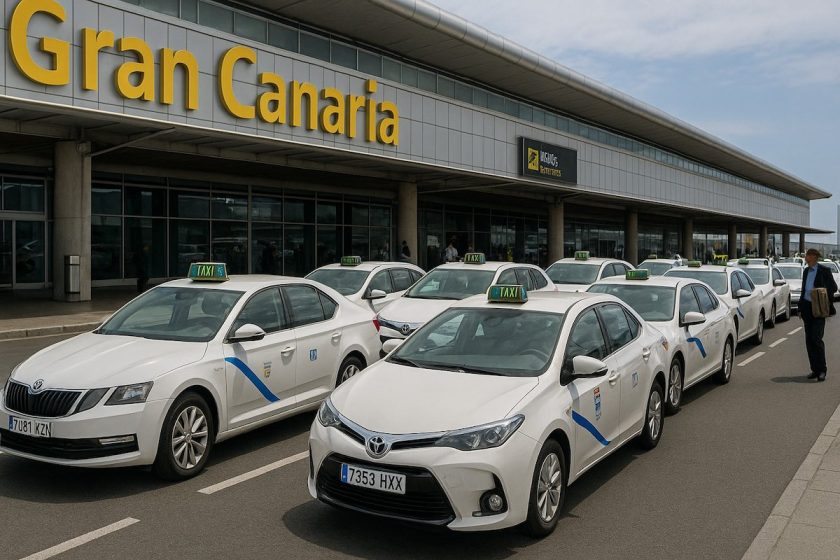 Taxi bianchi in attesa fuori dal terminal dell’aeroporto di Gran Canaria