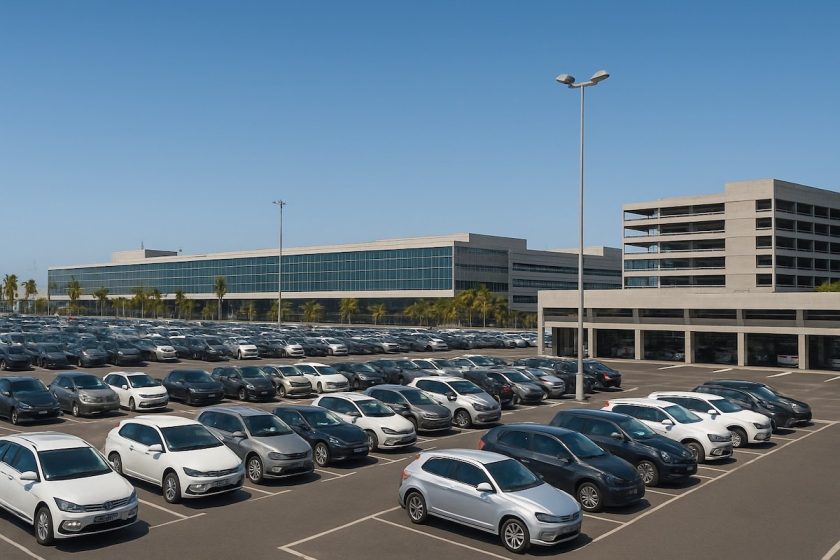 Vista dei parcheggi dell’aeroporto di Gran Canaria con segnaletica stradale e auto parcheggiate
