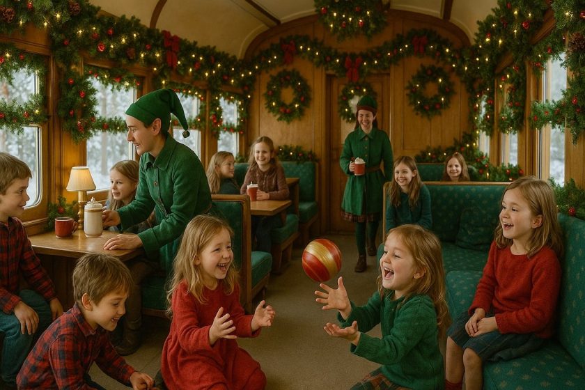 Bambini che si divertono all’interno del Polar Express decorato per il Natale in Svezia
