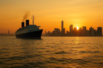 Nave transatlantica che arriva a New York all’alba vista dall’oceano