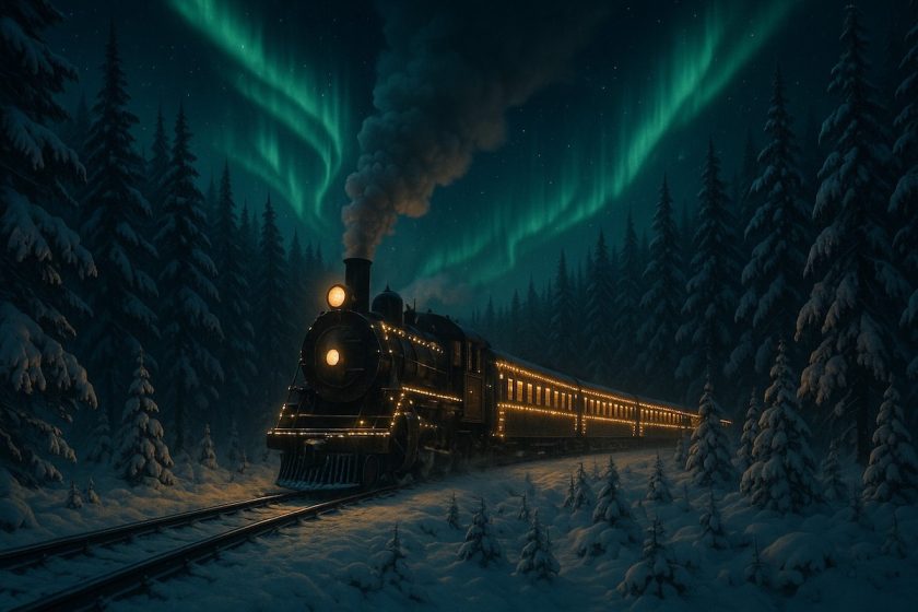 Treno natalizio Polar Express in Svezia che attraversa una foresta innevata sotto l’aurora boreale