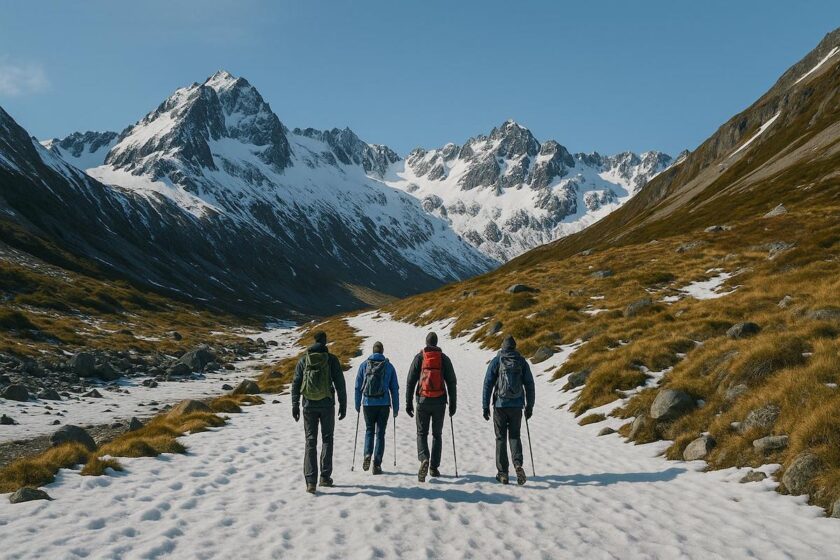 persone che camminano su sentiero innevato del Glaciar Martial in Argentina