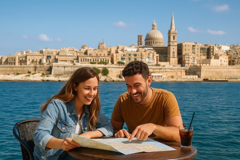 Coppia seduta in un caffè sul mare a Malta che pianifica la vacanza