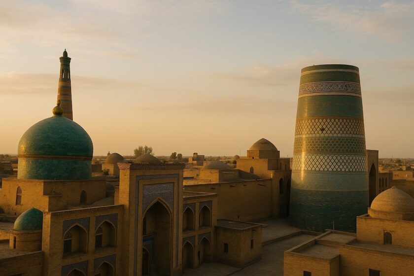 Viaggio in Uzbekistan fai da te: panorama al tramonto di una città storica