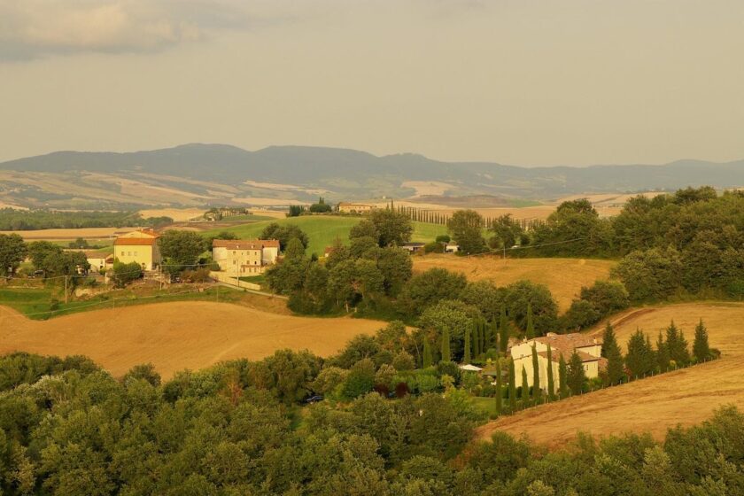 Filari di cipressi a San Quirico d’Orcia al tramonto