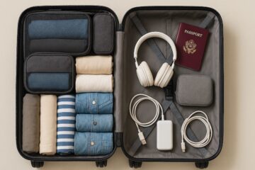 Valigia aperta e ordinata con vestiti arrotolati e accessori da viaggio