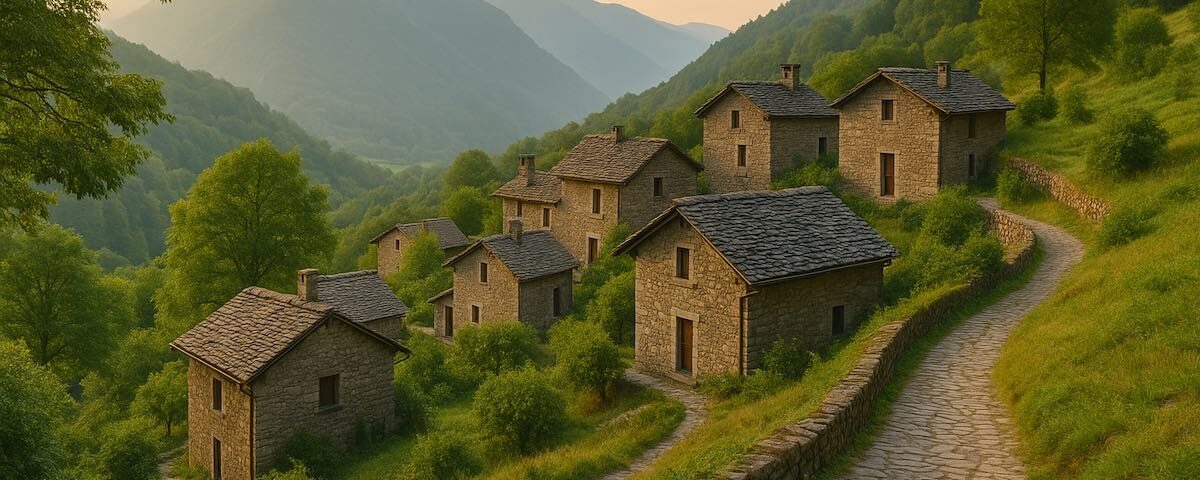 Borgo in pietra tra le montagne della Lombardia, immerso nella natura e nella tranquillità.