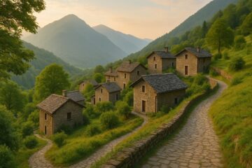 Borgo in pietra tra le montagne della Lombardia, immerso nella natura e nella tranquillità.