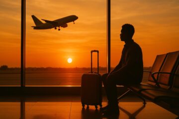 Viaggiatore in attesa accanto alla finestra dell’aeroporto al tramonto con la valigia, pronto per un volo intercontinentale.